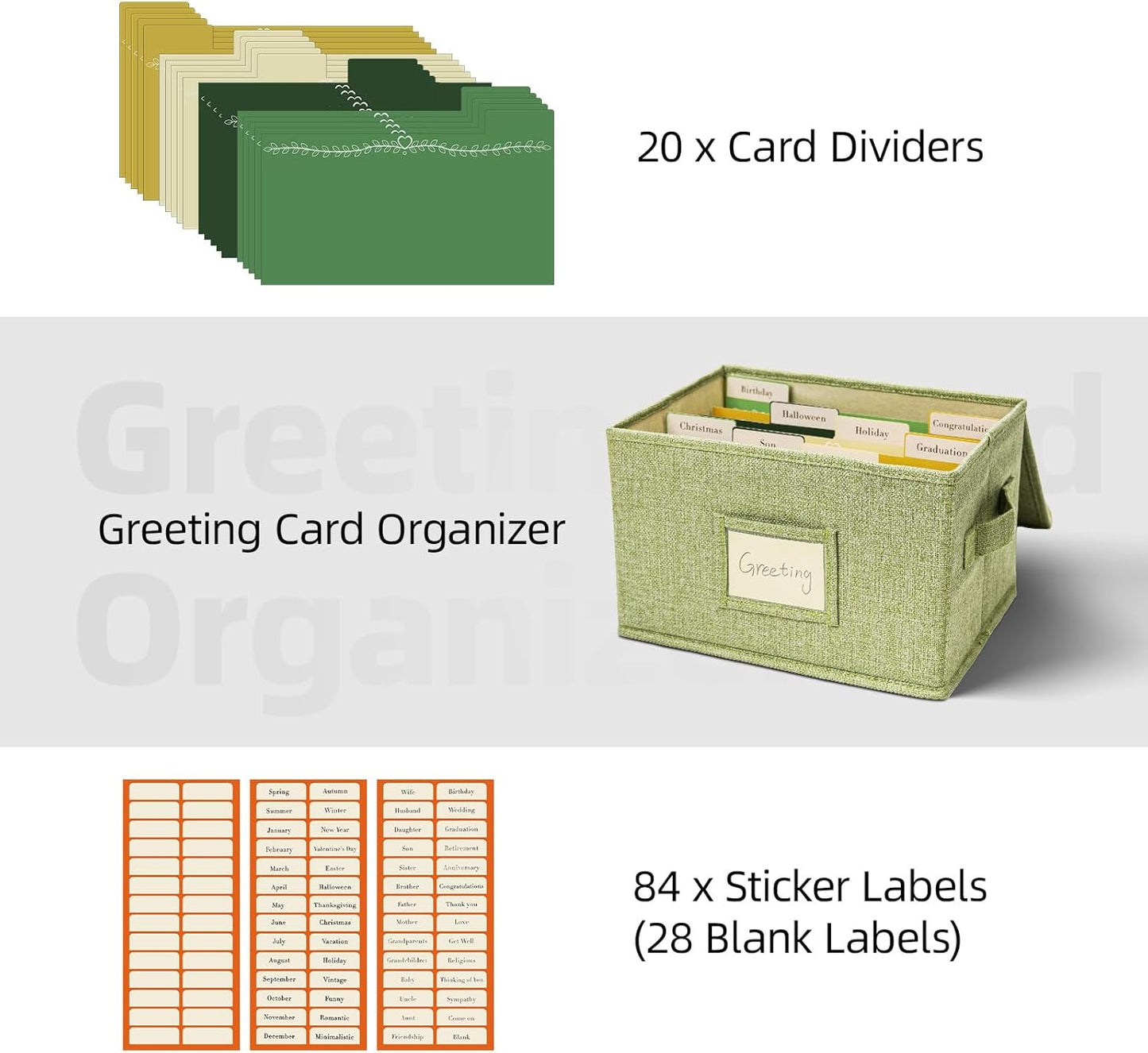 Vienrose Greeting Card Organizer Storage Box with 20 Removable Dividers, 84 Self-stick Labels, Perfect for Photos, Envelopes, Scrapbooking, Paper, Stickers Holder 1 Pack Grass Green