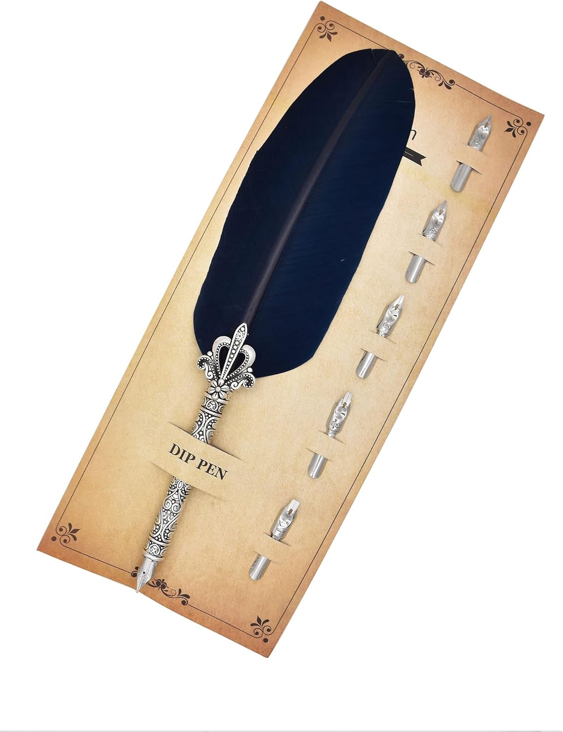 Gullor Calligraphy Feather Quill Pen and 5 Calligraphy Nibs for Beginners Kids Calligraphy Writing Quill Dip Pen Set, Navy