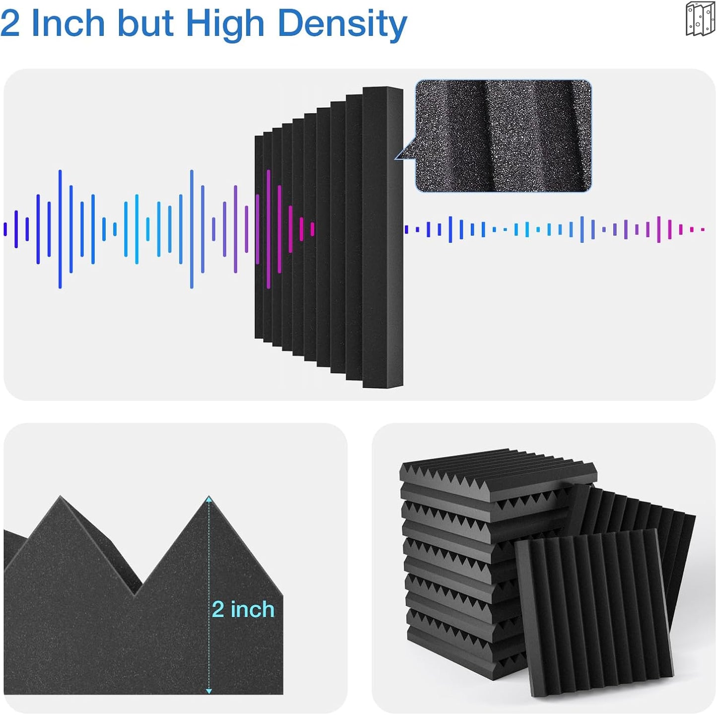 48 Pack Sound Proof Foam Panels for Walls,2" X 12" X 12"Self-Adhesive Foam Acoustic Panels Sound Absorbing,High Density Quick-Recovery Soundproof Wall Panels -Black