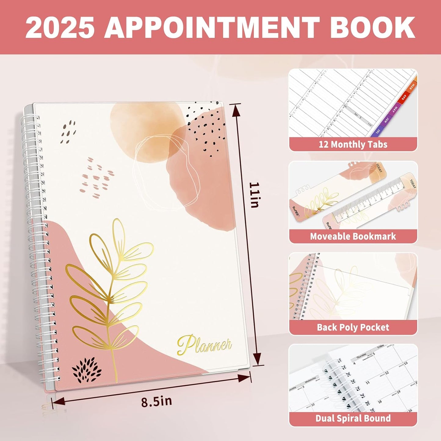 SUNEE 2026 Appointment Book, Quarter-Hourly, Weekly & Monthly - from January 2026 - December 2026, 8.5"x11" Weekly Planner, Flexible Cover, Note Pages, Pockets, Bookmark, Spiral Binding, Pink Breeze