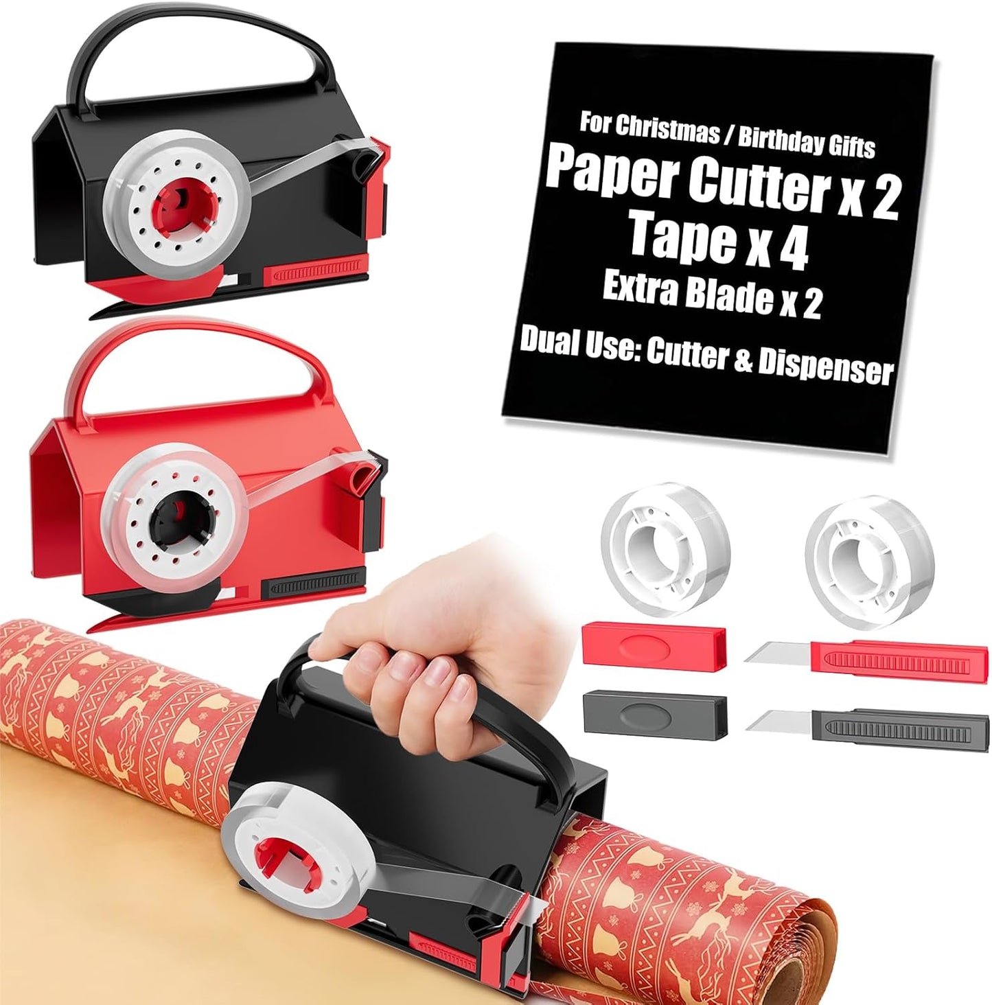 2-Pack Wrapping Paper Cutter & Tape Dispenser for Christmas Gift, Improve Gift Packaging Efficiency, Makes The Cutting line straighter, Cutting Tool with 4 Tapes，2 Replace Blades Kit, Red and Black