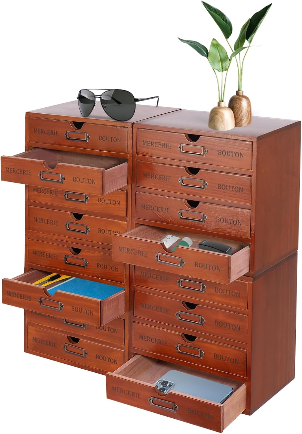 Vintage Drawer Wooden Drawers Organizer, 16-Drawer Desktop Organizer With Drawers, Iron Label Holders, Brown, For Store Cosmetics, Files, Books, Letters, Papers, Magazines