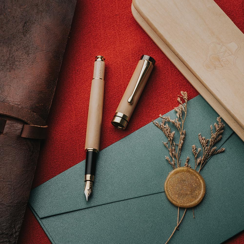 Wordsworth & Black Fountain Pen Set, Luxury Bamboo Wood - Extra Fine Nib, Gift Case; Includes 6 Ink Cartridges, Ink Refill Converter -Journaling, Calligraphy; Drawing, Smooth Writing [Maple Wood]