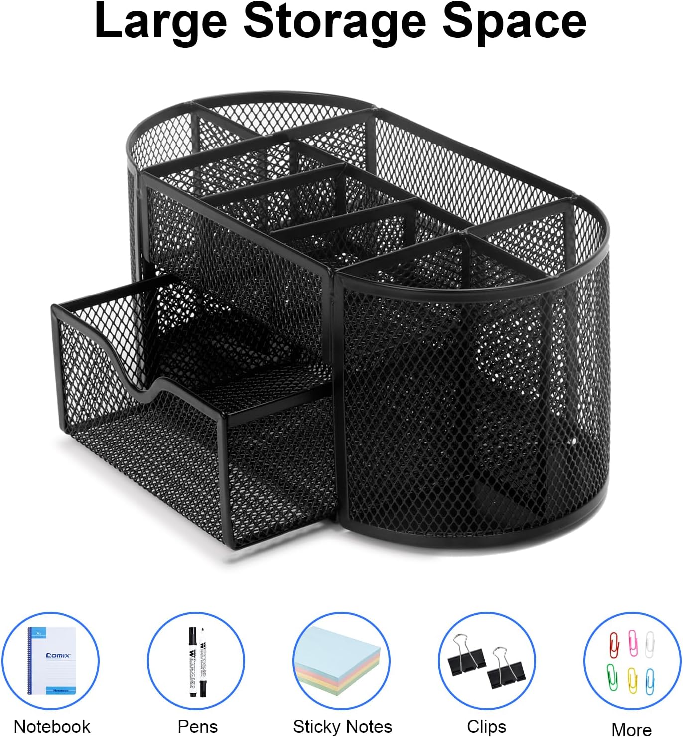 Comix Mesh Pen Pencil Holder Desk Organizer, 8 Compartment and 1 Drawer Wire Desktop Pen Pencil Cup Caddy Office Supplies Accessories for Home Office School, Black