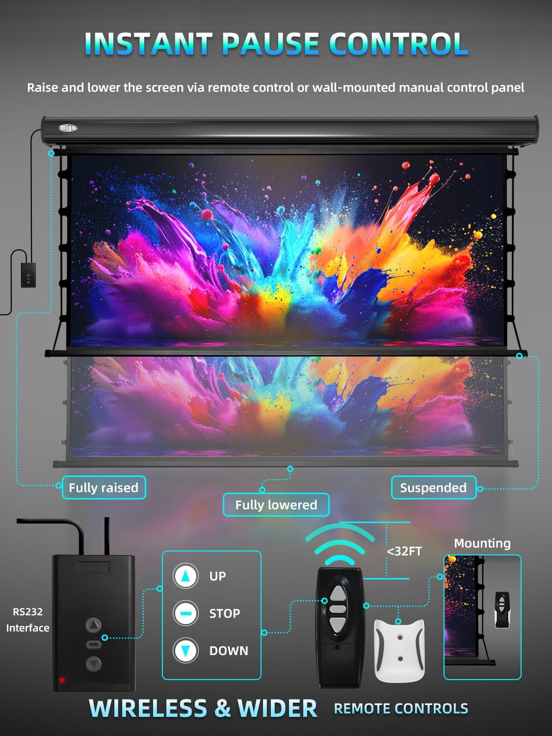 100 Inch Projector Screen Tab-Tension,Motorized Projector Screen Pull Down with 4K HD Partial Ambient Light Remote,Wall Mount Ceiling Mount Automatic Movie Screen for Home Theater(Black Housing)