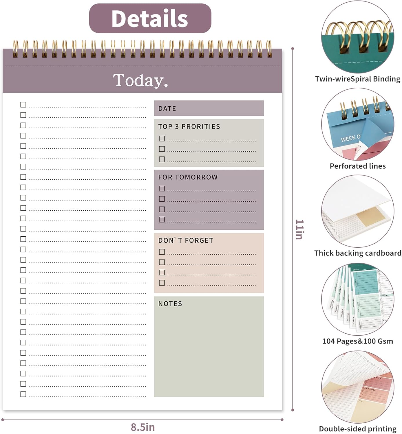 To Do List Notepad, 52 Undated Sheets （8.5"×11"）Duplex-printed Daily Planner For Work Home School Office Desk Accessories Supplies & Goal Setting Tasks- Purple