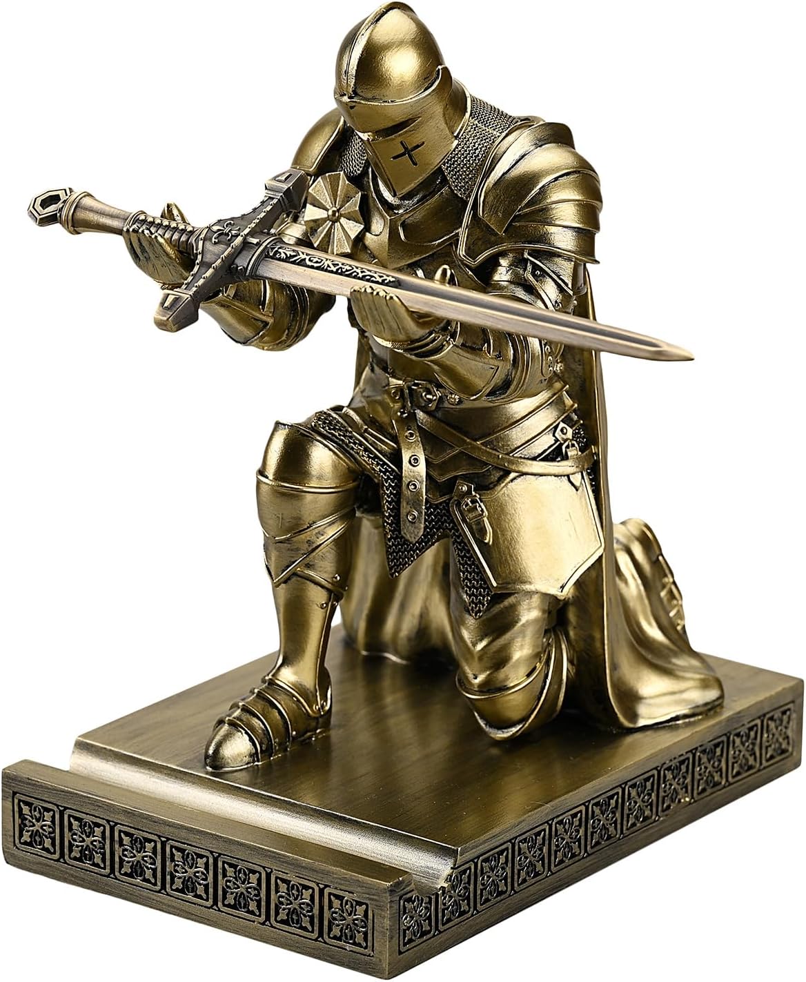 Medieval Armored Warrior Wearing Outerwear, Mobile Phone Stand Knight Pen Holder Desk Organizers, Resin Bookends Paperweight with a Letter Opener for Desk (Bronze)
