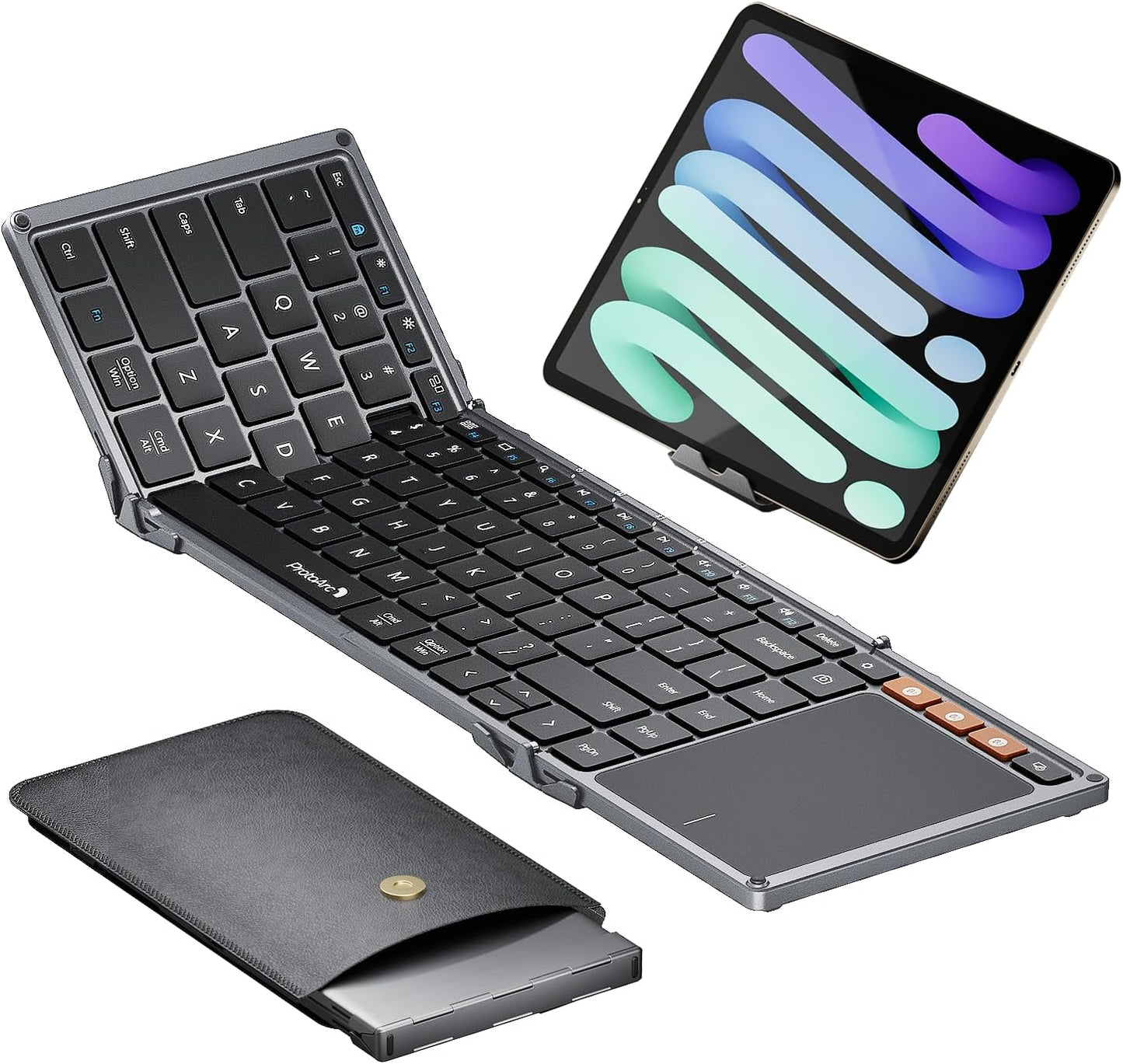 ProtoArc Foldable Keyboard with Touchpad, XK01 TP Folding Portable Keyboard, Full Size Keys, Large Trackpad Bluetooth Travel Keyboards for Laptop PC Tablet - Black Gray