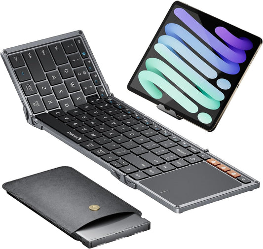 ProtoArc Foldable Keyboard with Touchpad, XK01 TP Folding Portable Keyboard, Full Size Keys, Large Trackpad Bluetooth Travel Keyboards for Laptop PC Tablet - Black Gray
