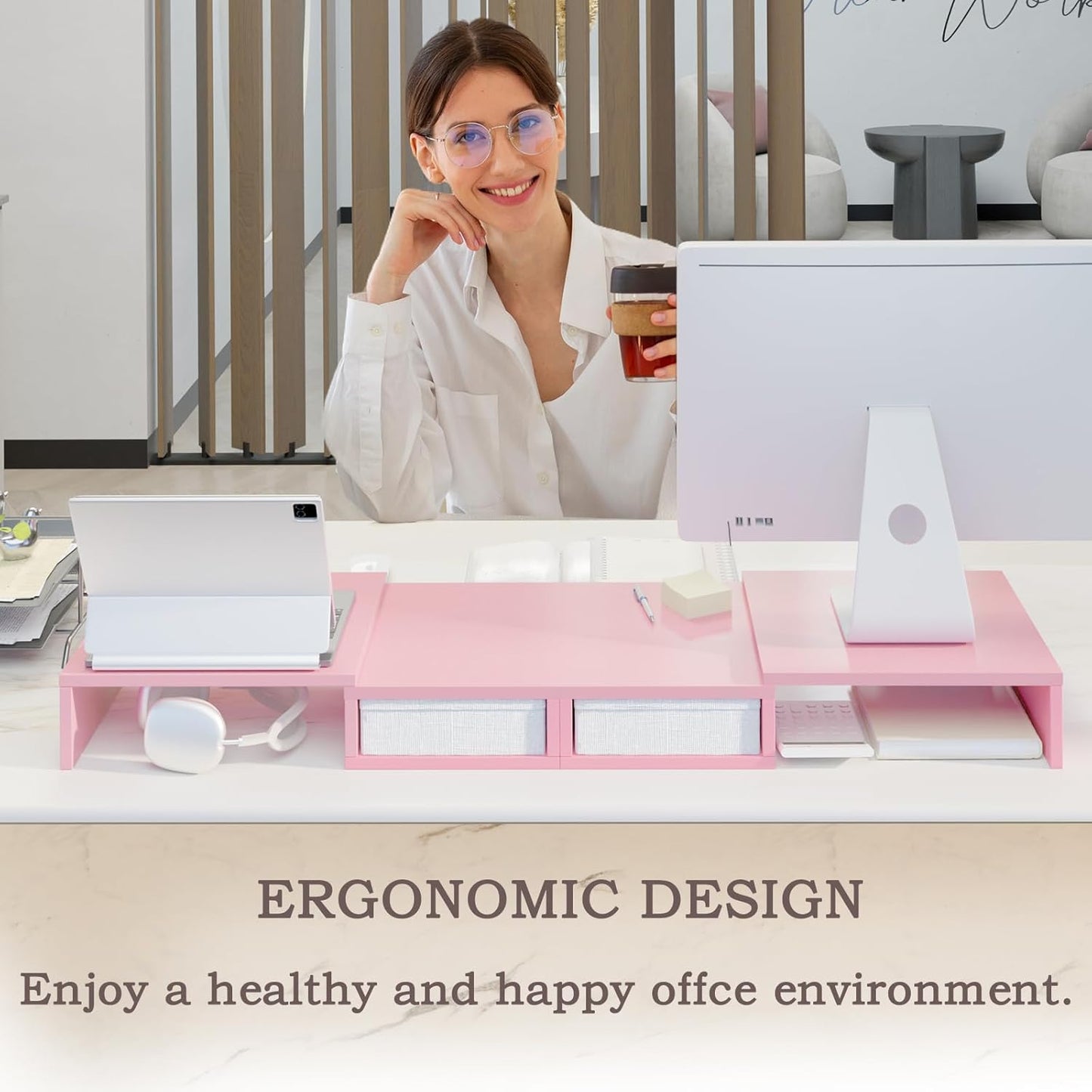 TEAMIX Pink Dual Monitor Stand Riser with 2 Drawers - Length and Angle Adjustable Double Corner Desk Shelf Organizer 37 inch for 2 Laptop/PC/Screen/TV (2 Drawers - 8''H)