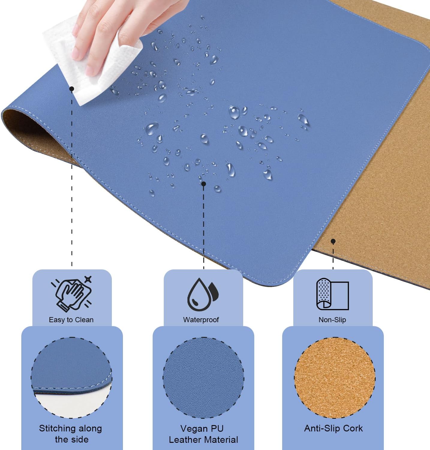 Dual-Sided Desk Pad, Natural Cork & PU Leather Mouse Pad for Desk, Desk Pad Protector, Non-Slip Desk Mat for Office and Home Work, (Lake Blue, 23.6" x 13.7")
