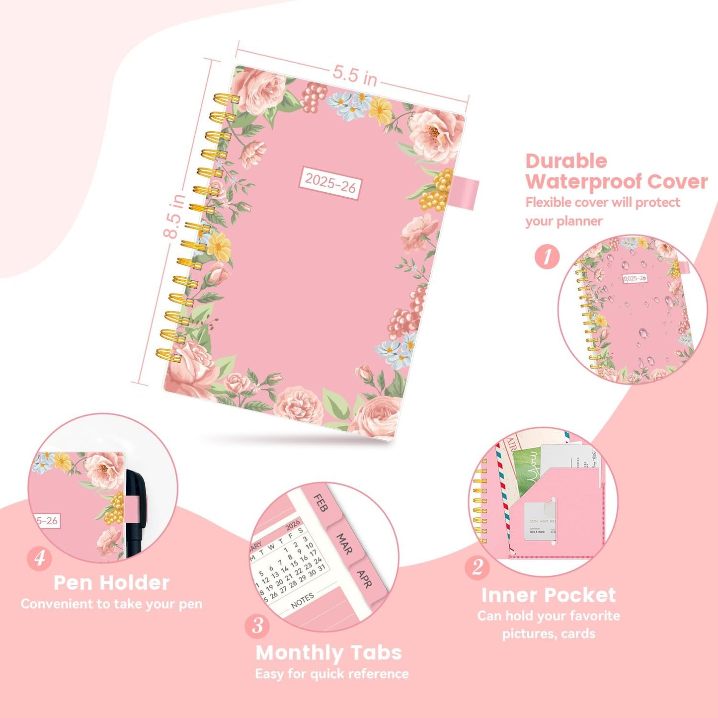 Planner 2025-2026, Weekly and Monthly Planners for Women, AIMPEAK Academic Calendar Planner for Teacher & Student, Jul.2025 - Jun.2026, Monthly Tabs, Spiral Binding, Pink Garland, 5.5"x8.5"