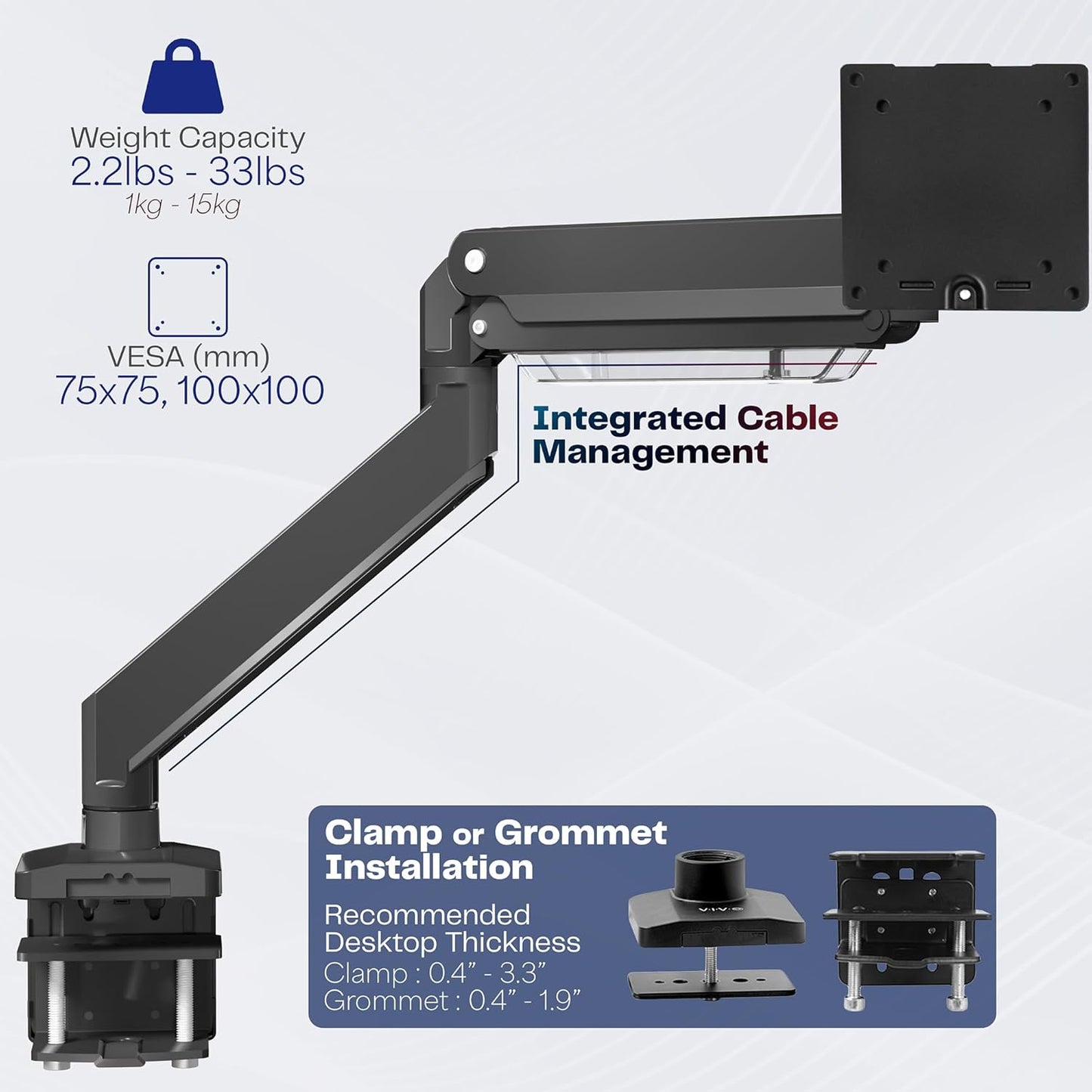 VIVO Premium Aluminum Monitor Arm for Ultrawide Screens up to 49 inches and 33 lbs, Heavy Duty Single Desk Mount, Pneumatic Height, Max VESA 100x100, Black, STAND-V101G1