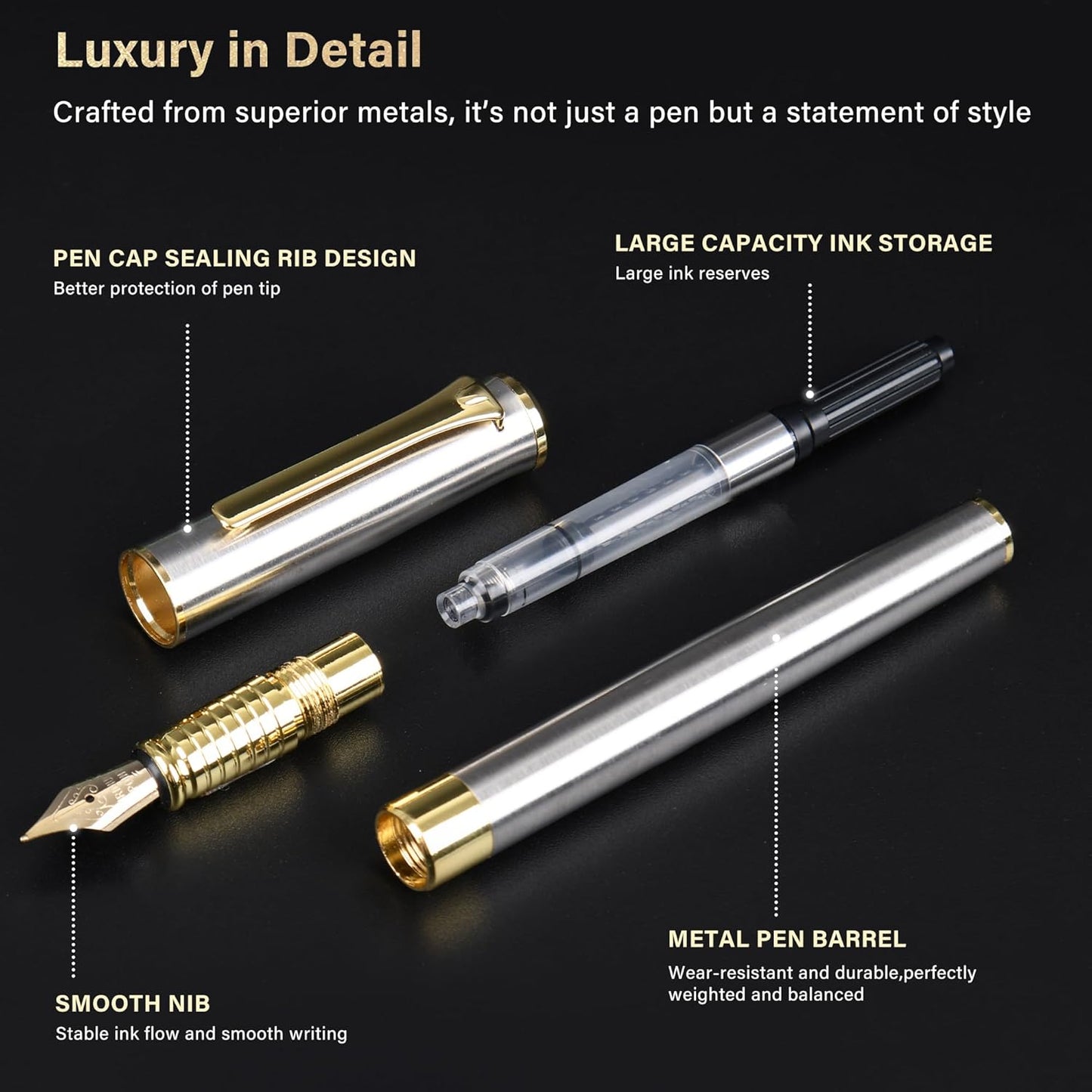 Fountain Pen with Medium Nib, Includes 10 Ink Cartridges, 2 Ink Refill Converter and Premium Gift Box, Luxury Fountain Pen Perfect for Journaling, Calligraphy, Smooth Writing