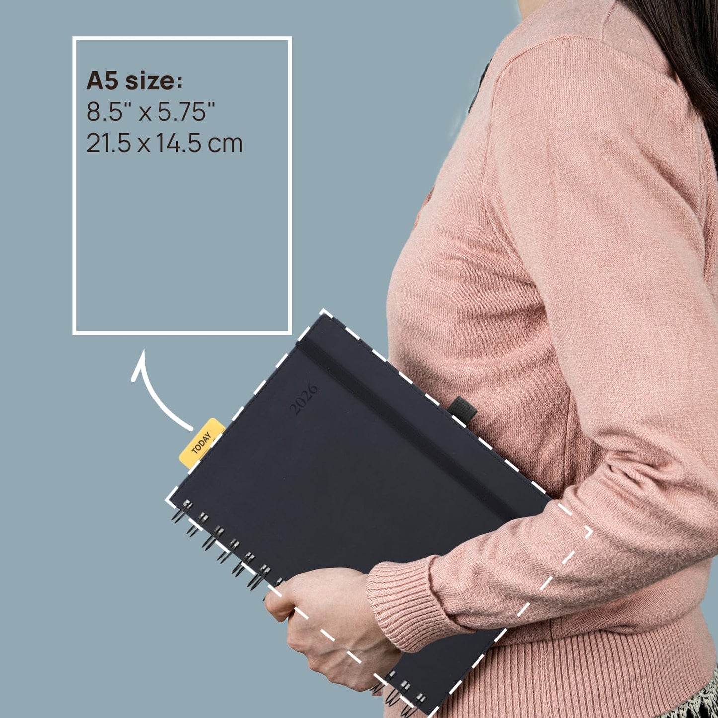 POPRUN 2026 Daily Planner One Page per Day (Medium 6'' x 8.5'') - 12 Months Calendar Appointment Book with Hourly Slots, Inner Pocket, Monthly Tabs, Pen Holder - Pacific Green