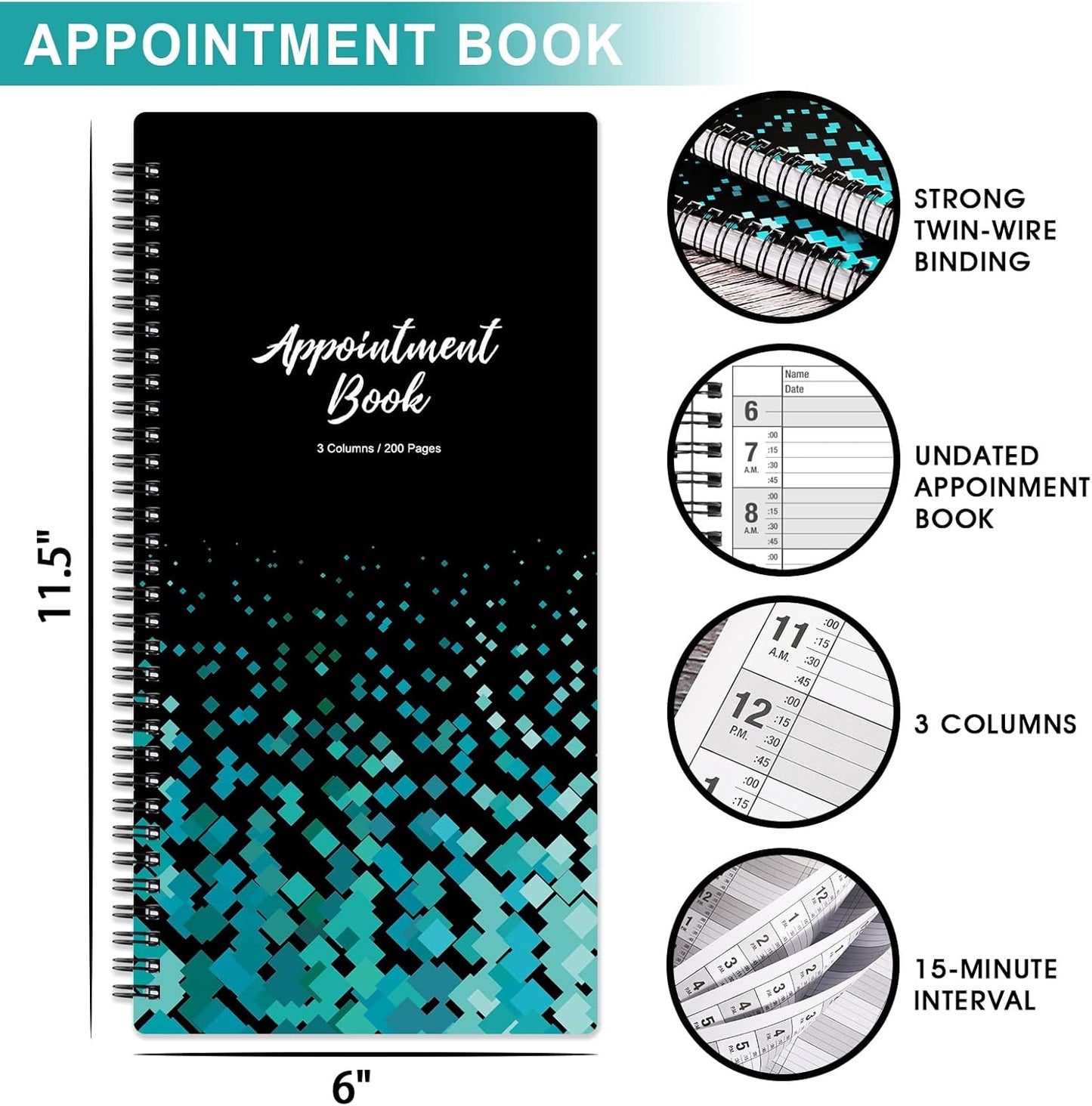 Appointment Book – Undated Salon Appointment Book, Daily＆Hourly Schedule Book with 200 Pages, 6 AM - 9 PM, 15 Minute Intervals Day Planner, 6’’ x 11.5’’, 3 Column, Twin-Wire Binding, Hardcover