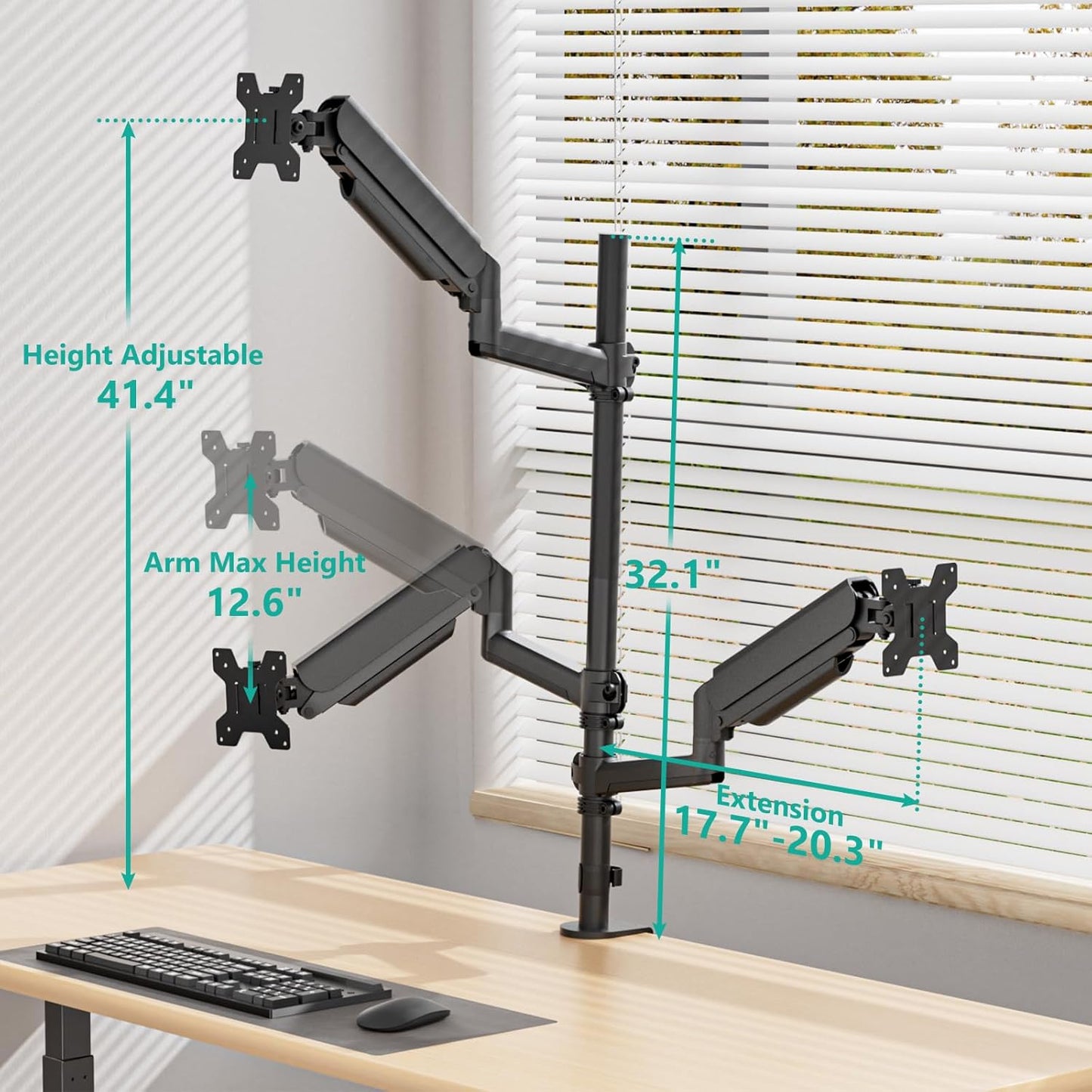 WALI Triple Monitor Mount for 17-32 Inch Screens, Full Adjustable 3 Monitors Desk Mount with Clamp & Grommet Base, Gas Spring Monitor Arm, up to 19.8lbs Each, VESA 75x75 100x100 mm (GSDM003XL), Black