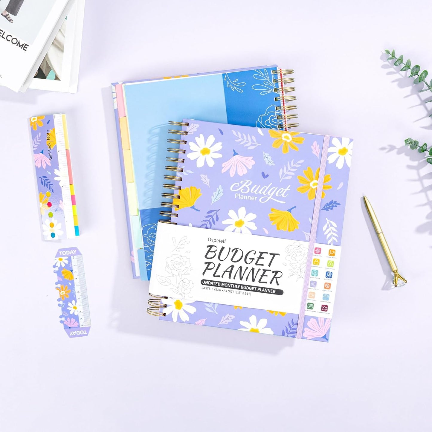 Ospelelf Budget Planner - Monthly Budget Book with Expense Tracker Notebook, Undated 12 Month Bill Organizer & Finance Planner, A4 Account Book with 12 Index Pockets, Zipper Pouch, Stickers Floral 3