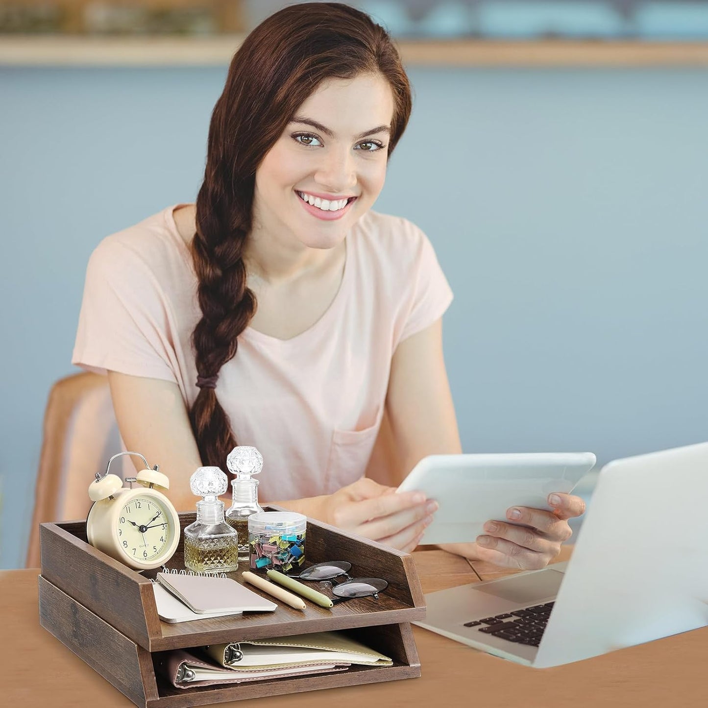 2 Pcs Wooden Letter Trays Wood Letter-Size Desk Organizer Heavy Duty 2 Tier Stackable Supports Paper Tray Desktop Drawer Organizer File Folder Magazine Office Accessories (Dark Wood)