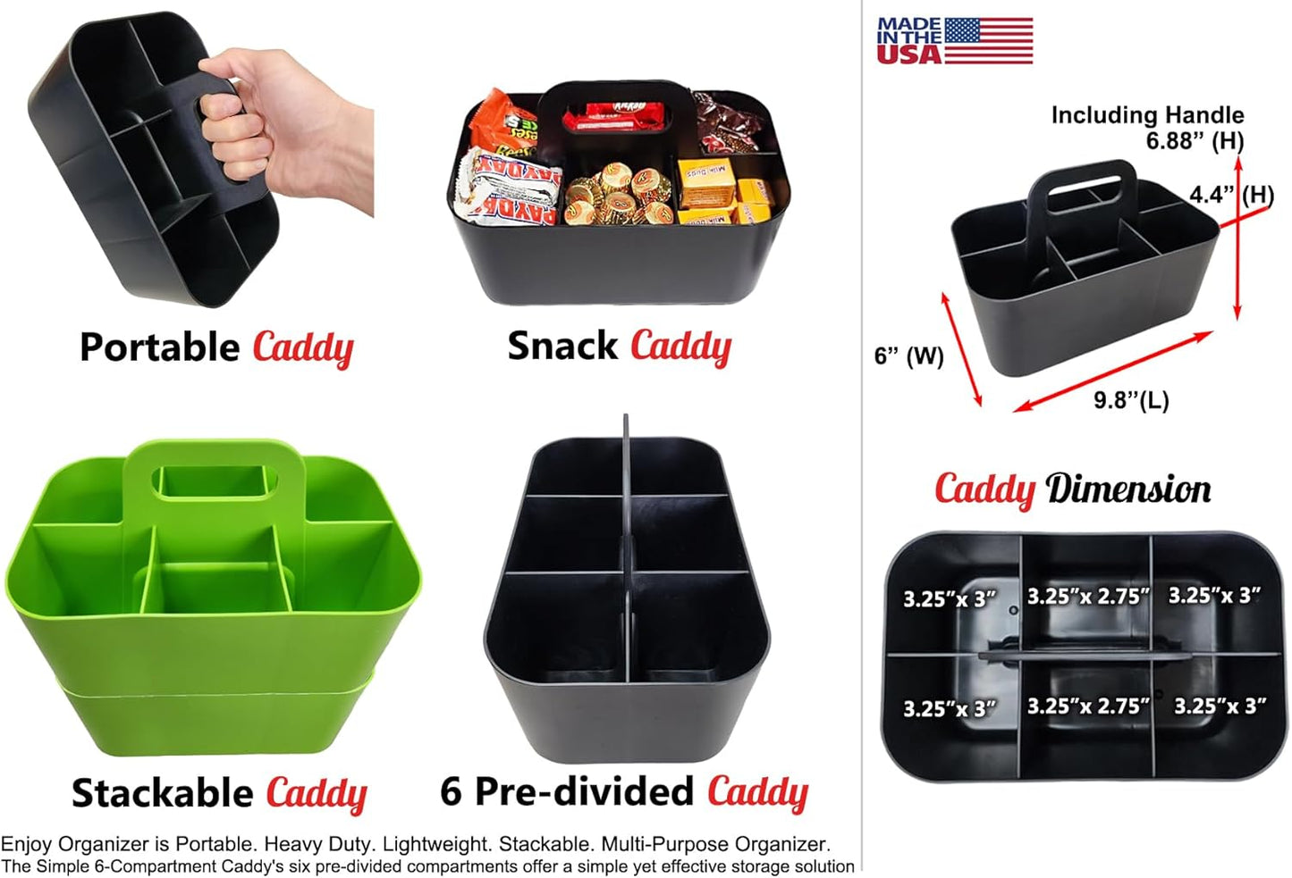 2 Pack Small 6 Compartment Multiuse Caddy Organizer with Handle Art Craft Supplies, Office, Desk, Stationery Pen Holder Stackable- Made In USA (Green)