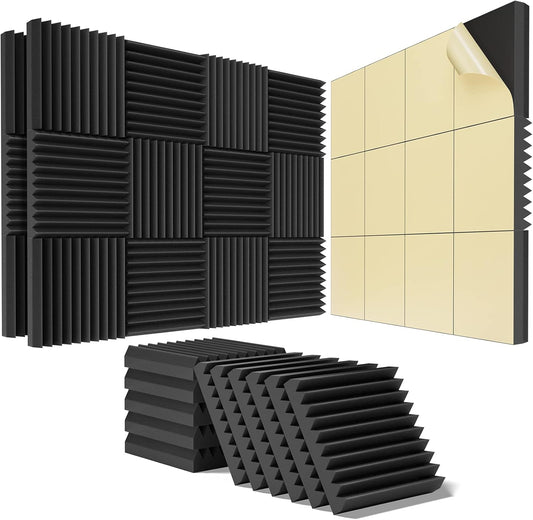 24 Pack Self-Adhesive Acoustic Panels - 2"X 12"X 12"Wall Panels - Quick-Recovery and High Density Sound Panels - Sound proof Acoustic Foam for Home Studio - Black