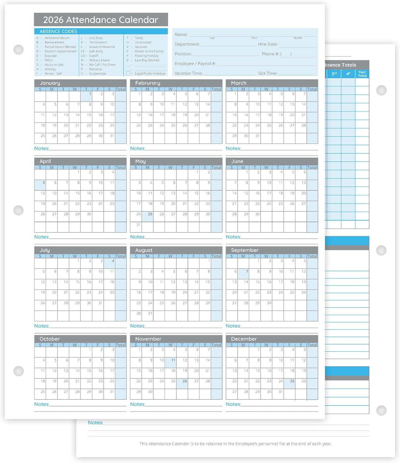 Blue Summit Supplies 50 Sheet Attendance Calendar, Employee 2026 Attendance Sheets for 3 Hole Binder, Convenient Tracker for Employee Attendance Record, Time Off, and Tardiness, 50 Pack