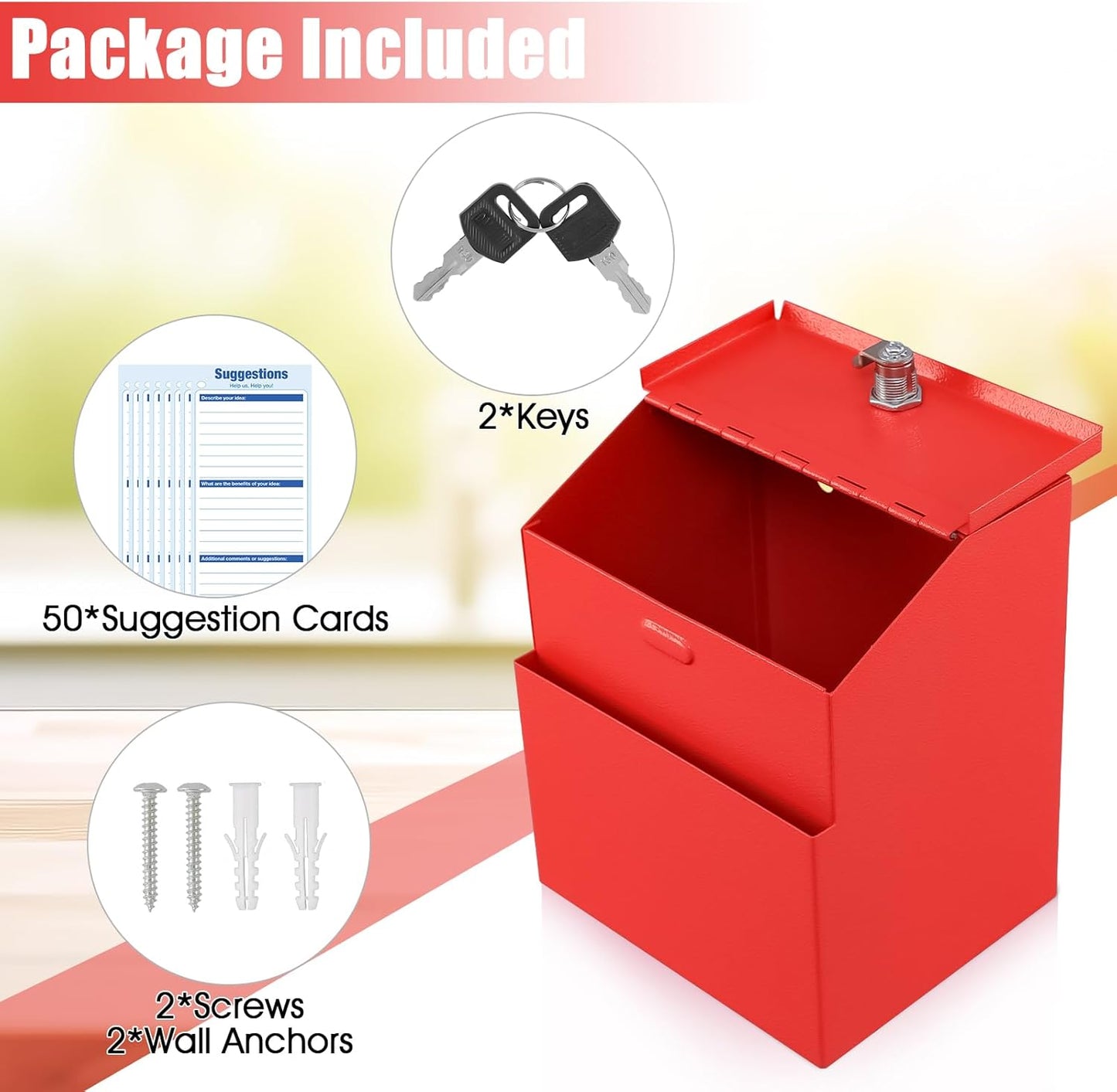 KYODOLED Suggestion Box with Lock and 50 Free Suggestion Cards, Metal Wall Mounted Ballot, Donation and Collection Key Drop Box with Slot & 2 Keys, 8H x 5.7W x 7L Inch, Red