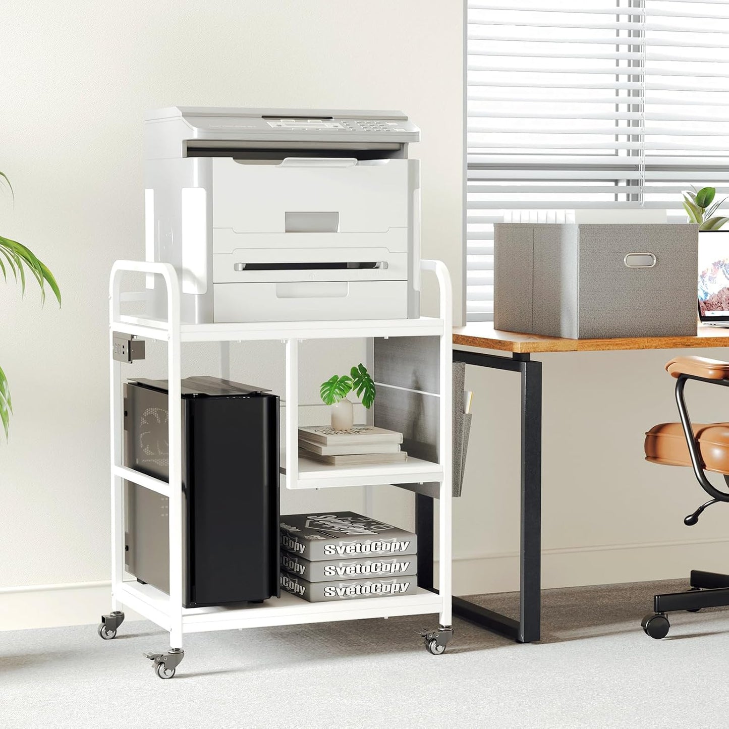 Large Printer Stand with Removable Storage Drawer, Mobile Printer Table with Charging Station and USB Ports for Home Office, Rolling Industrial Printer Cart with Wheels for Scanner Fax (White)