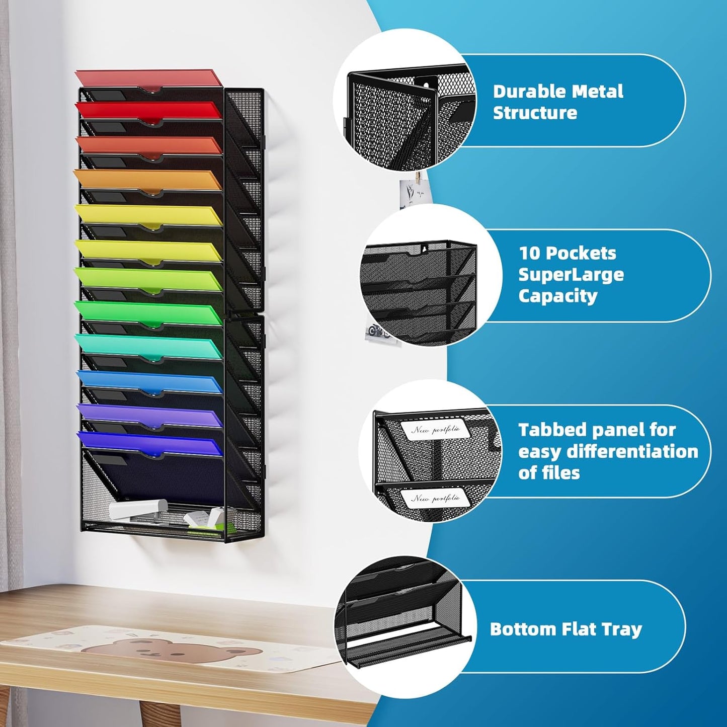 Marbrasse Wall File Holder 13-Tier Hanging Wall File Organizer, for Papers, Files Clipboard & Magazine Organizer, Wall Mount File Holder Great for Office Home (Black)