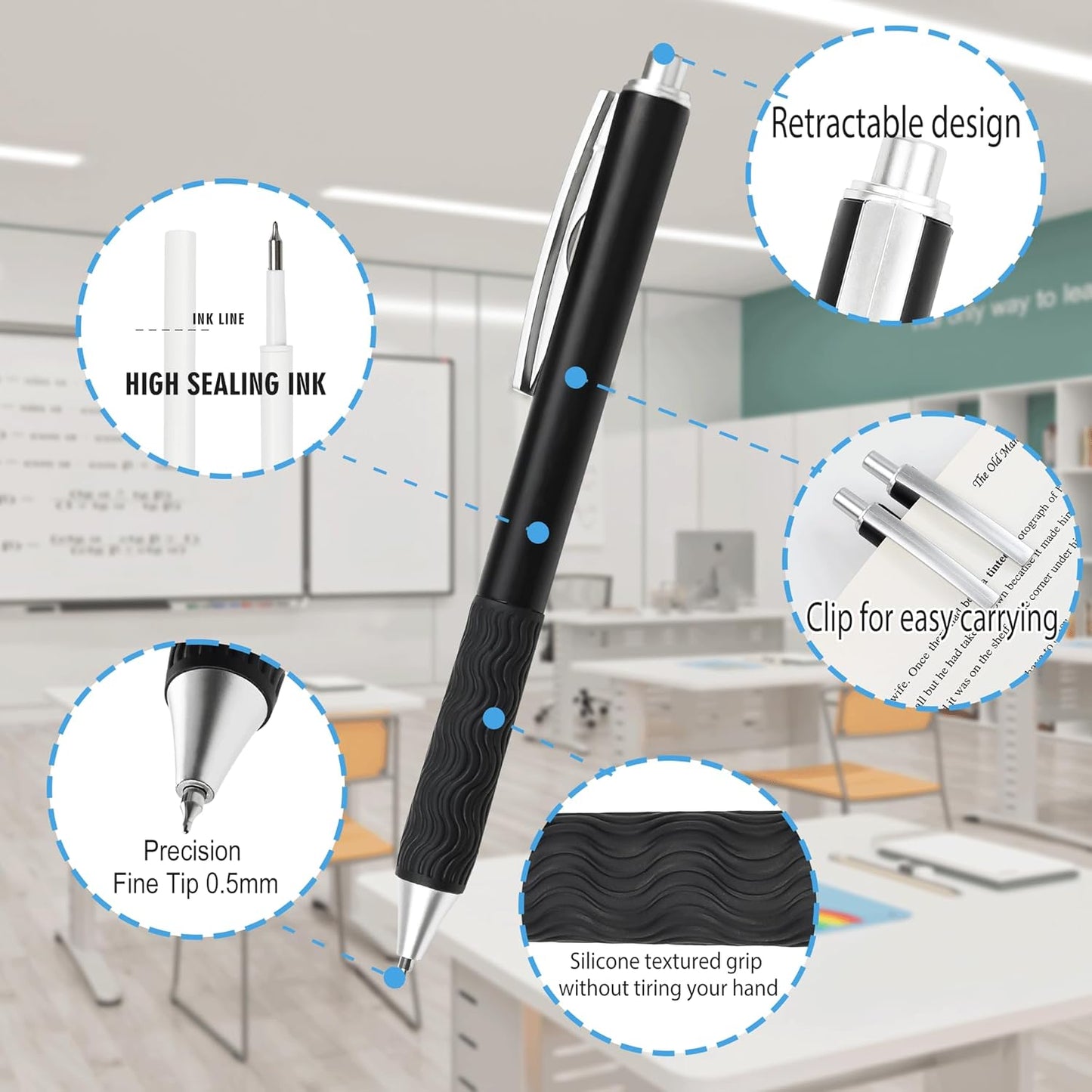 Black Gel Pens, 50 Pack Black Pens Bulk 0.5mm Black ink Fine Tip Pen, Smooth Writing, Click Gel Ink Roller Ball Pen for Office, nurses, families, and school diaries