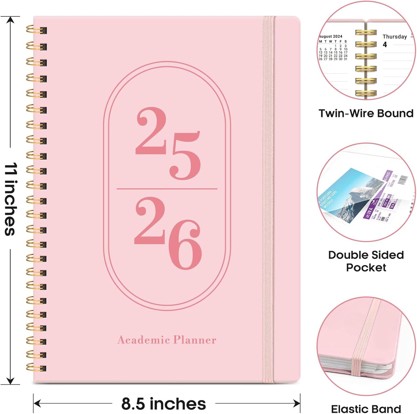 Planner 2025-2026, Academic Year Weekly and Monthly Calendar Planner, July 2025 - June 2026, Spiral Bound School Planning Tool, Perfect for Teacher, Student, Woman & Men - A4 (8.5" x 11"), Pink