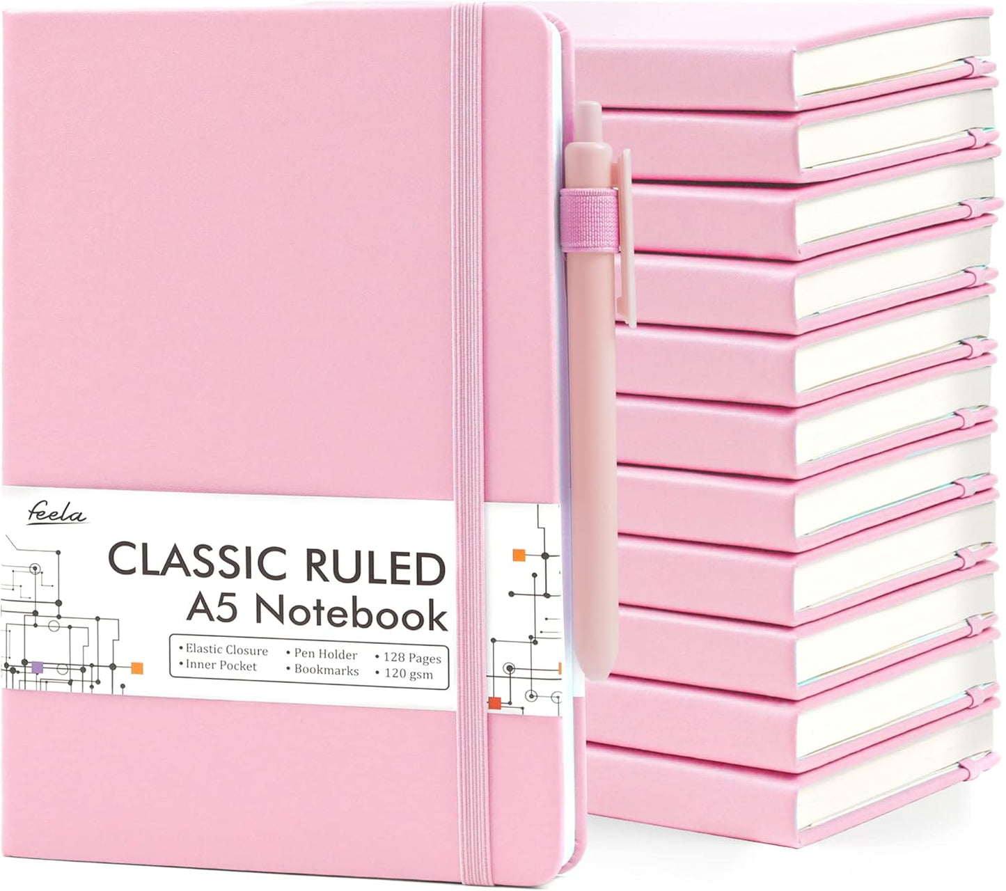 feela 12 Pack Notebooks Journals Bulk, Hardcover Notebook Classic Ruled Lined Journals with Pen Holder for Women Girls School Business Supplies, with 12 Black Pens, 120 GSM, 5.1”x8.3”, A5, Rose Pink