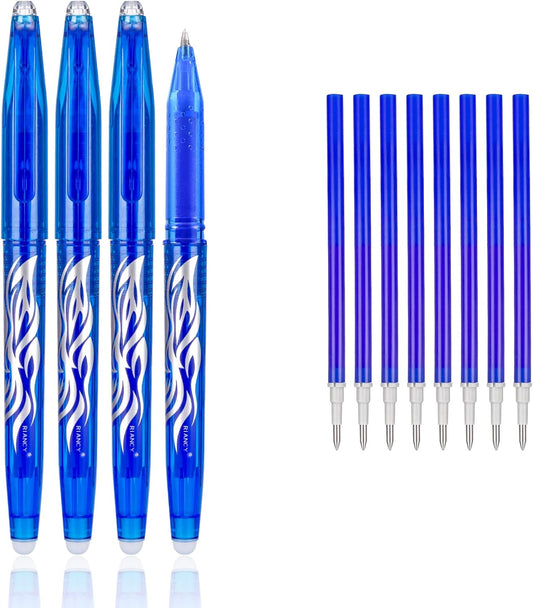 RIANCY Erasable Gel Pens Blue Pen 0.5mm Fine Point, Pack of (4 Blue pen+ 8 refills) Blue Ink Erasable Pens for smooth writing office pens back to school supplies ink pens