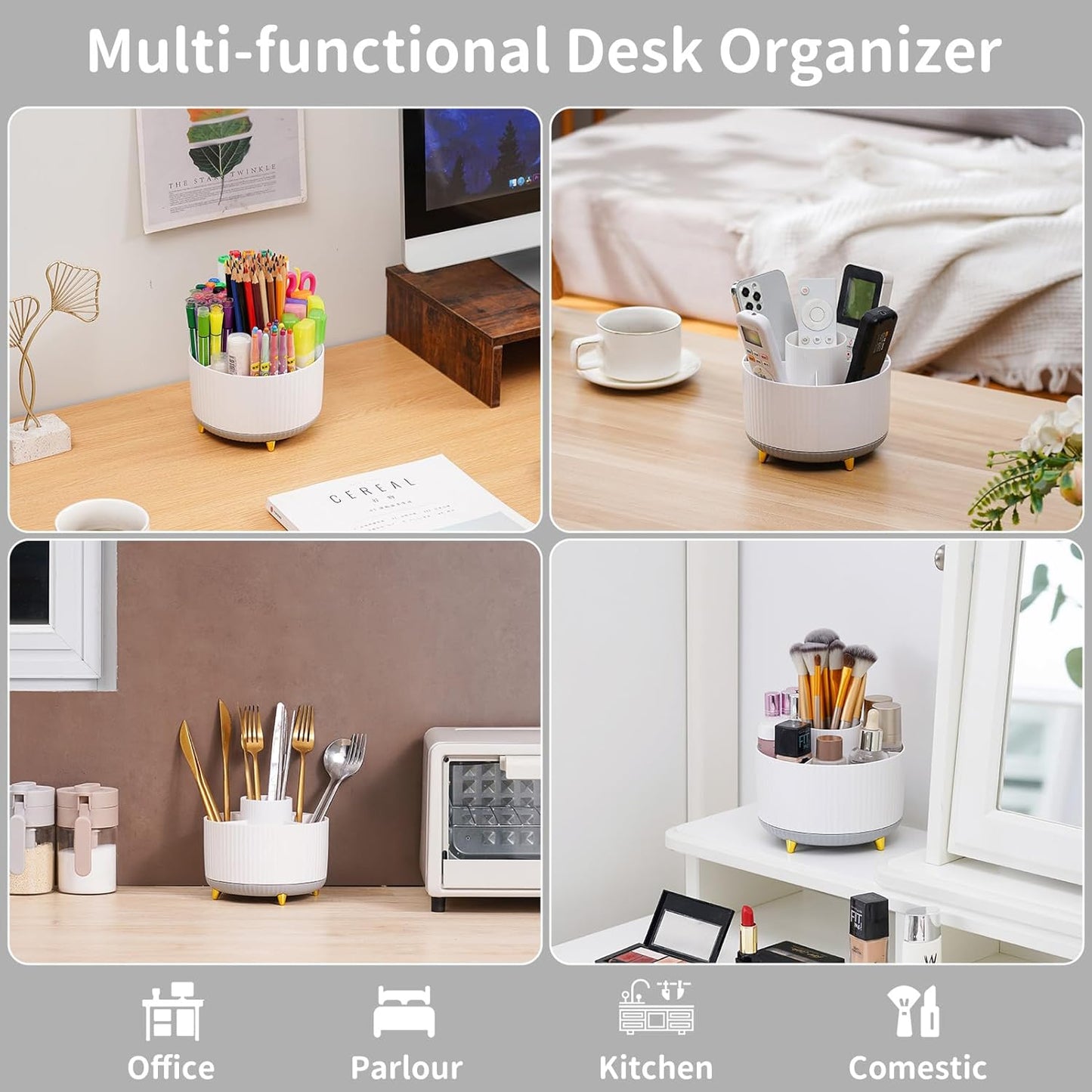 Marbrasse Desk Organizer, 360-Degree Rotating Pen Holder, Desk Organizers and Accessories with 5 Compartments Pencil Holder, Art Supply Storage Box Caddy for Office, Home (White+Grey)