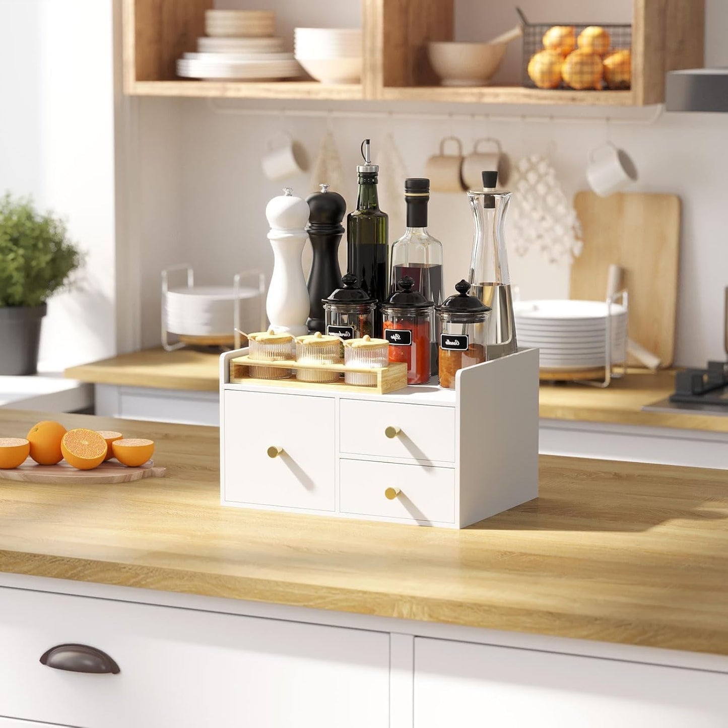 Bamboo Desk Organizer with Drawers Wooden Desktop Storage Organization Box for Bills Office Supplies Kitchen Utensils Organizing Tool for Home Classroom Vanity, No Assembly Required (3 Drawer, White)