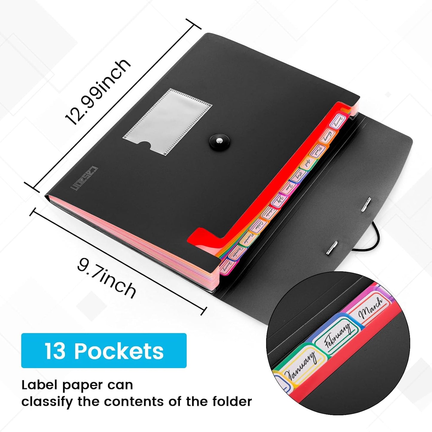 13 Pocket Expanding File Folder Accordian File Organizer, A4 Letter Size Paper Document Receipt Holder for School Office Supplies, Black