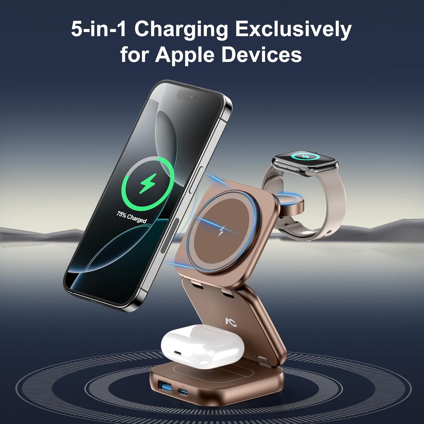 5-in-1 Wireless Charger for MagSafe, AC ISLAND Portable Travel Charging Station, 15W Max Fast Foldable Magnetic Stand, Evolved for iPhone 17/16/15/14/13 Series, Apple Watch, AirPods (with 35W Adapter)