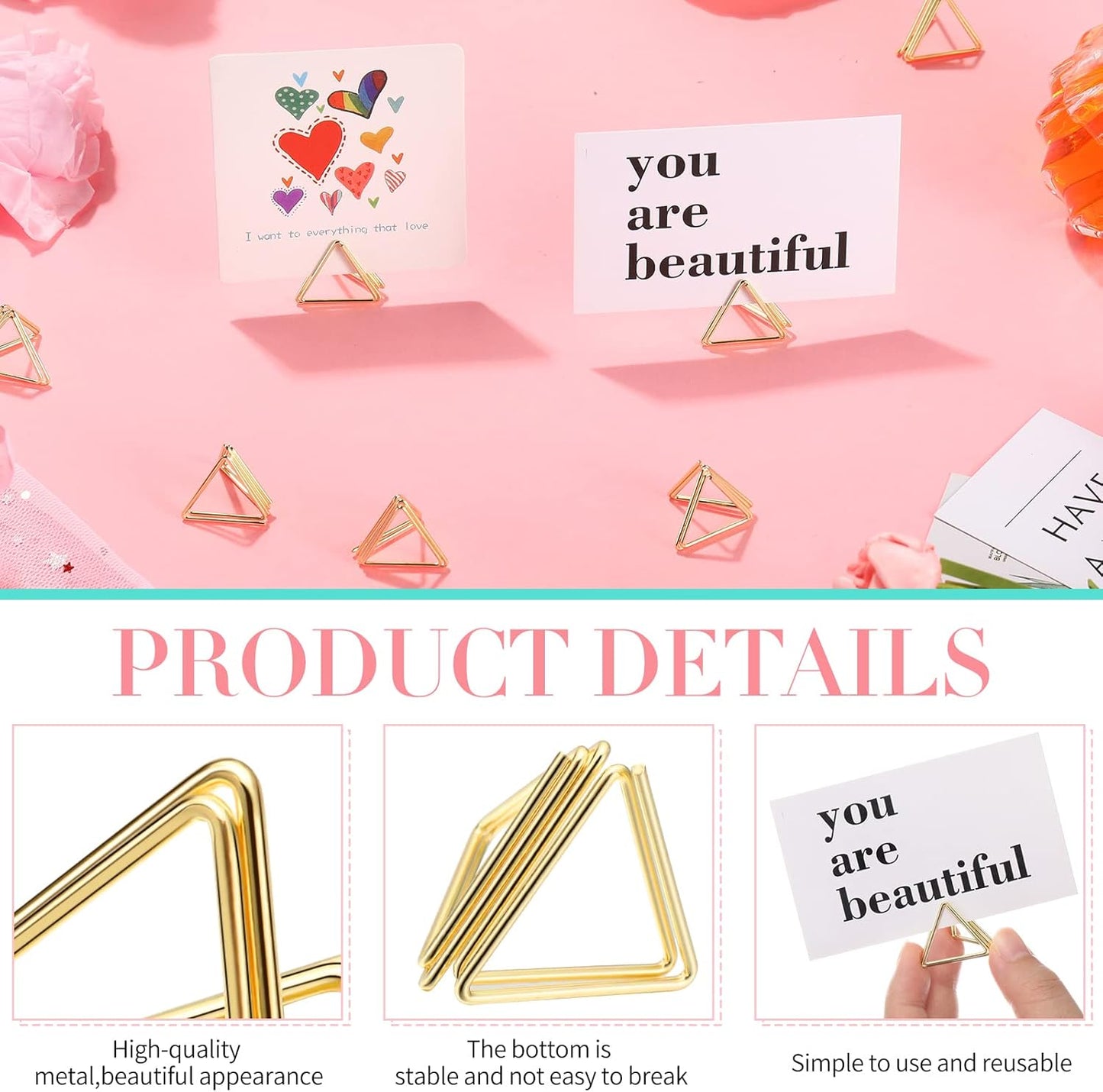 100 Pcs Place Card Holder Triangle Shape Table Number Holder Wedding Table Card Holders Mini Name Card Holder Place Setting Holder Picture Clips Stand for Centerpiece Anniversary Party(Gold)