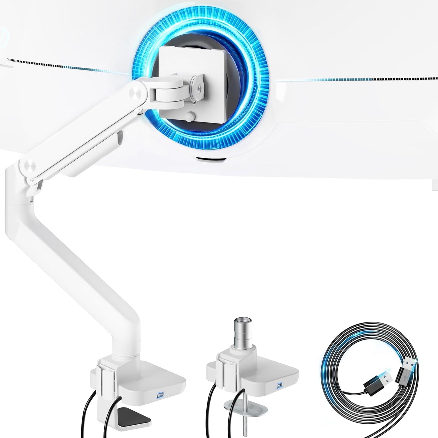 ARES WING Single Ultrawide Monitor Mount with USB A/C, Heavy Duty Monitor Arm for 17 to 49 inch Screen, Holds 44 lbs, Adjustable Gas Spring Arm Desk Mount with Clamp and Grommet Base, White