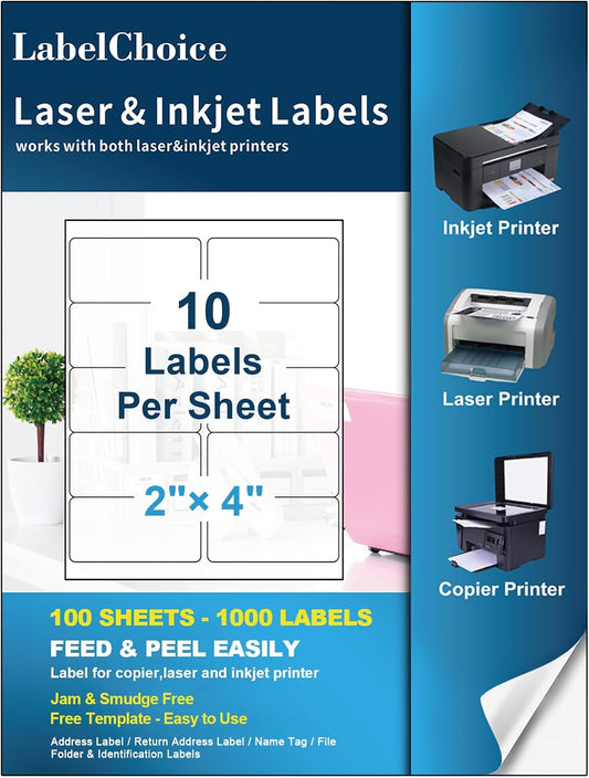 100 Sheets 1000 Pcs 2”x4” 10 Up Shipping Address Labels Compatible with Laser and Inkjet Printers, 2x4 10 Per Page Strong Adhesive Internet Mailing Shipping Labels