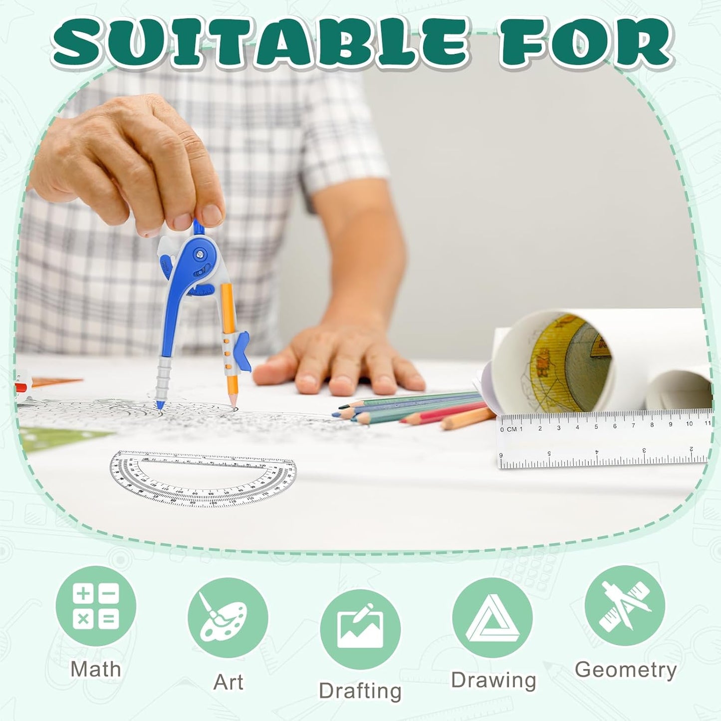 36 Pack Math Compass & Protractor Geometry Math Plastic Ruler Set Drawing Compass with Pencils 6 Inch Plastic Protractor for Geometry Bulk for Office Woodworking Art Drawing