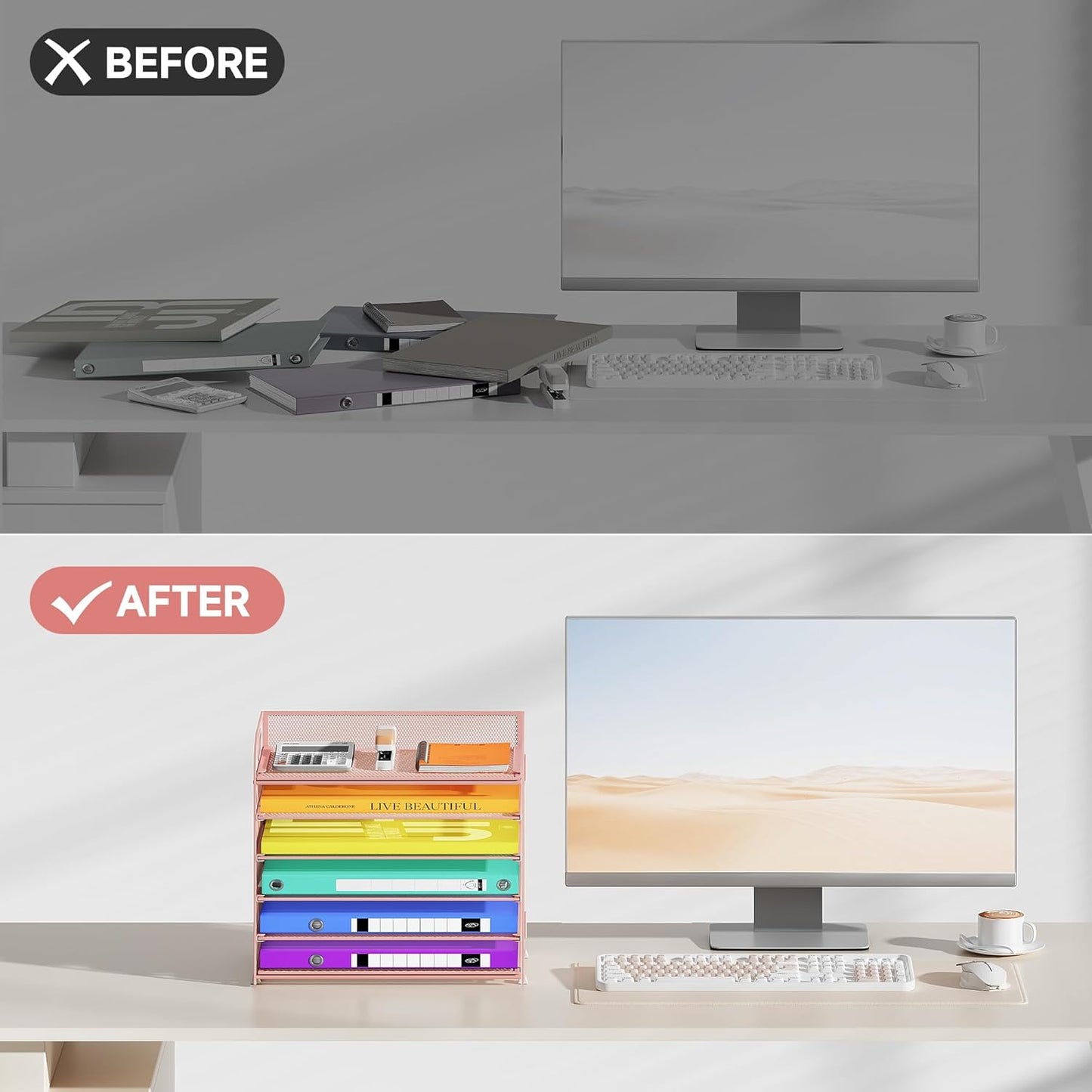 6 Tier Paper Organizer with Handle, Metal Desk Organizer Mesh Paper Letter Tray Desktop File Folder Document Sorter for Classroom, School, Office Accessories Organization and Storage - Pink