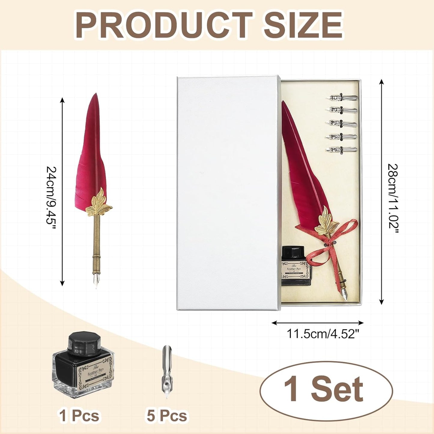 PATIKIL Feather Quill Pen Set, 1 Set Vintage Feather Calligraphy Pen Fountain Dip Pen Set with Ink, Pen Holder and Replacement Nibs for Beginner Writer Writing Gift, Dark Red(Silver Box)