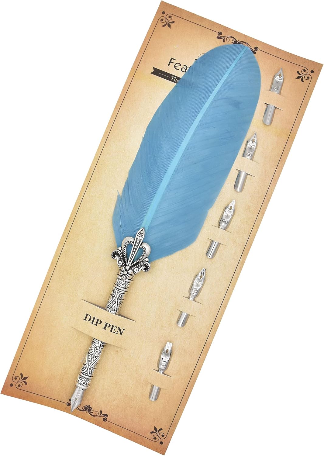 Gullor Calligraphy Feather Quill Pen and 5 Calligraphy Nibs for Beginners, Lake Blue