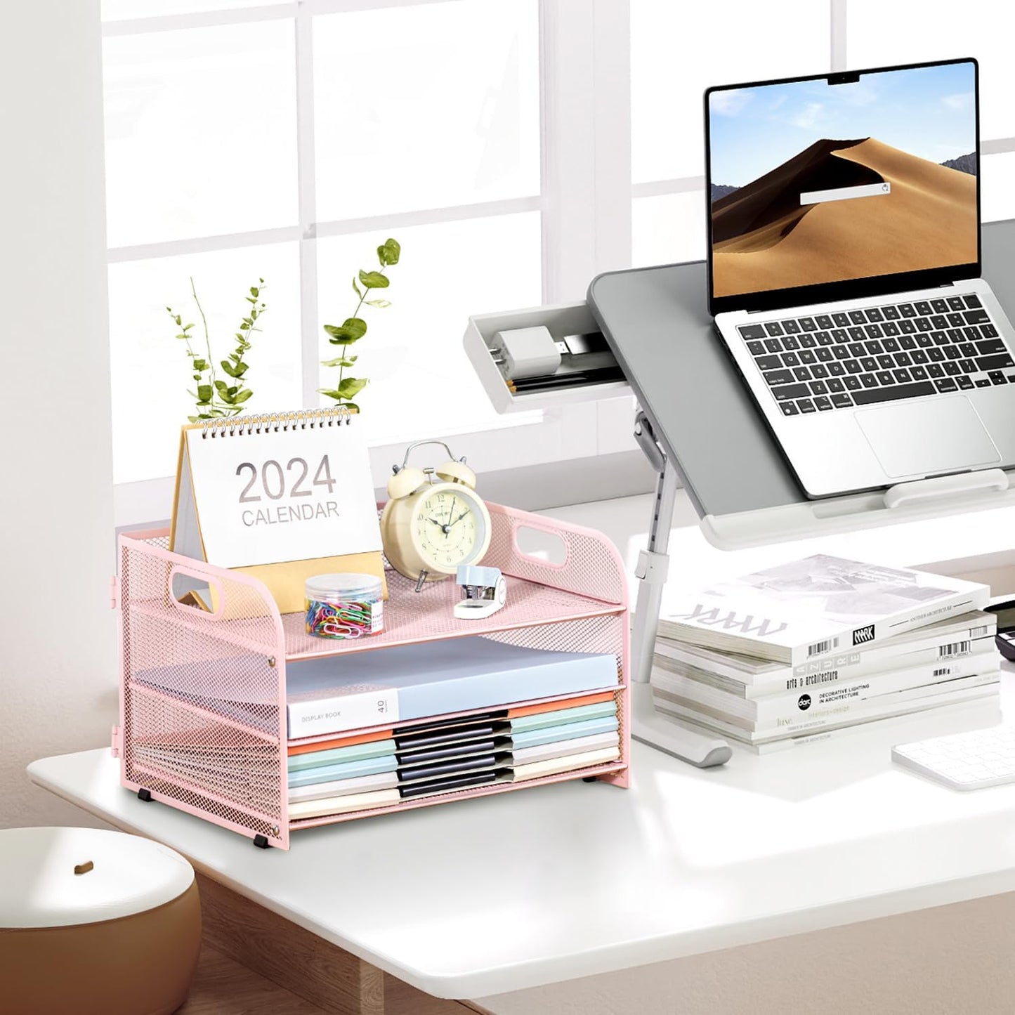 3-Tier Letter Tray Paper Organizer with Handle,Compact Mesh Desk File Organizer for Home Office Supplies Desktop Accessories,Pink