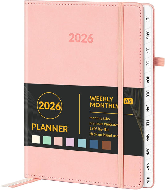 Forvencer 2026 Planner, Weekly Monthly Planners with Month Tabs, 12 Months (Jan 2026 - Dec 2026), A5(5.8"×8.3"), Daily Academic Calendar with Elastic Band, Small Hardcover Agenda, for Teacher, School