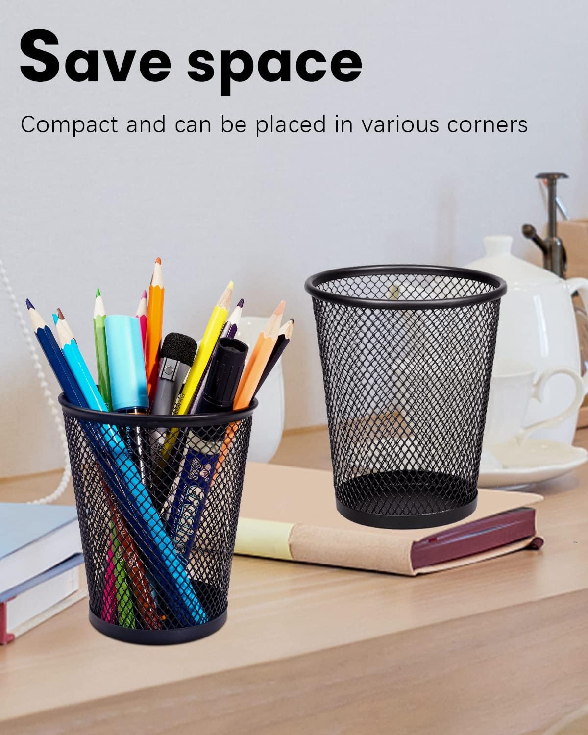 QYH Mesh Pencil Holder Metal Pen Cup Black for Desk 6 Packs