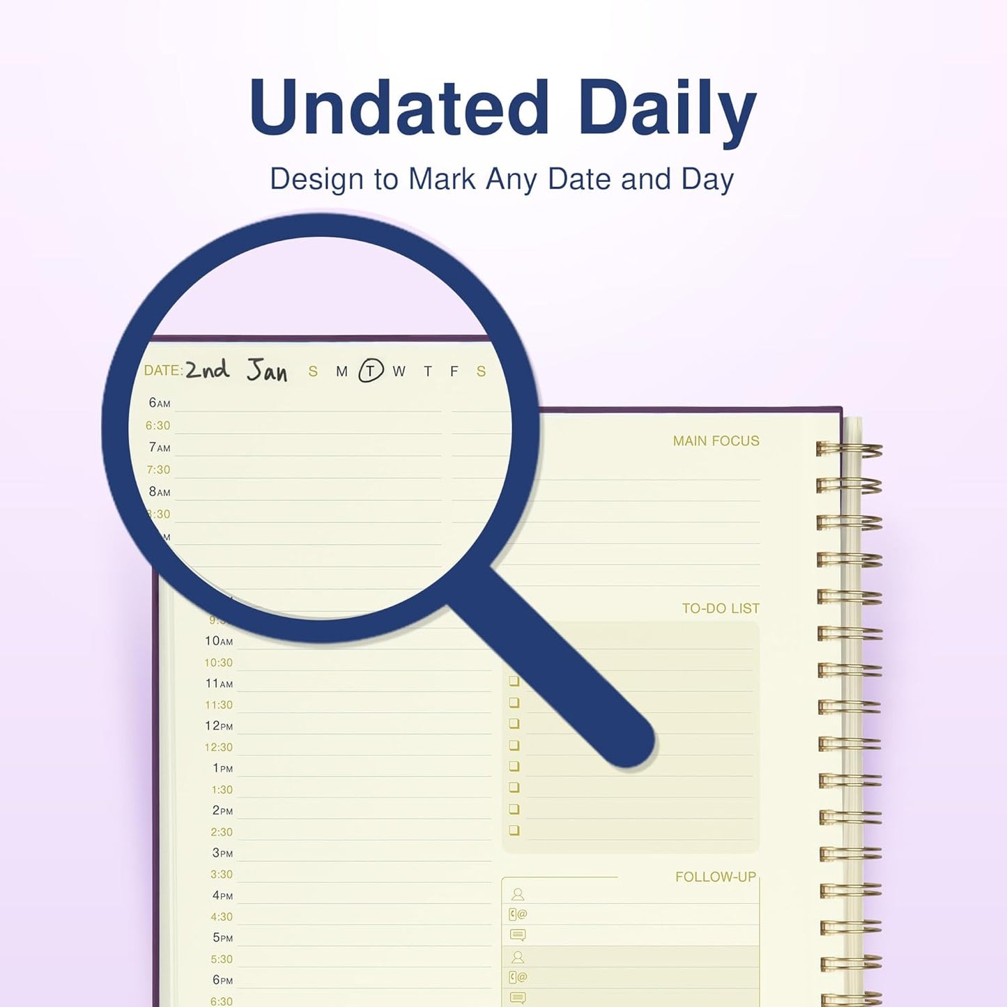 Undated Daily Planner To Do List Hourly Schedule 2027 2026 2025 Calendar & Holiday Habit Tracker 180 Pages Letter Size 8.5" x 11" Sheets Hardcover Wire-O Spiral Bound Notebook (Indigo)