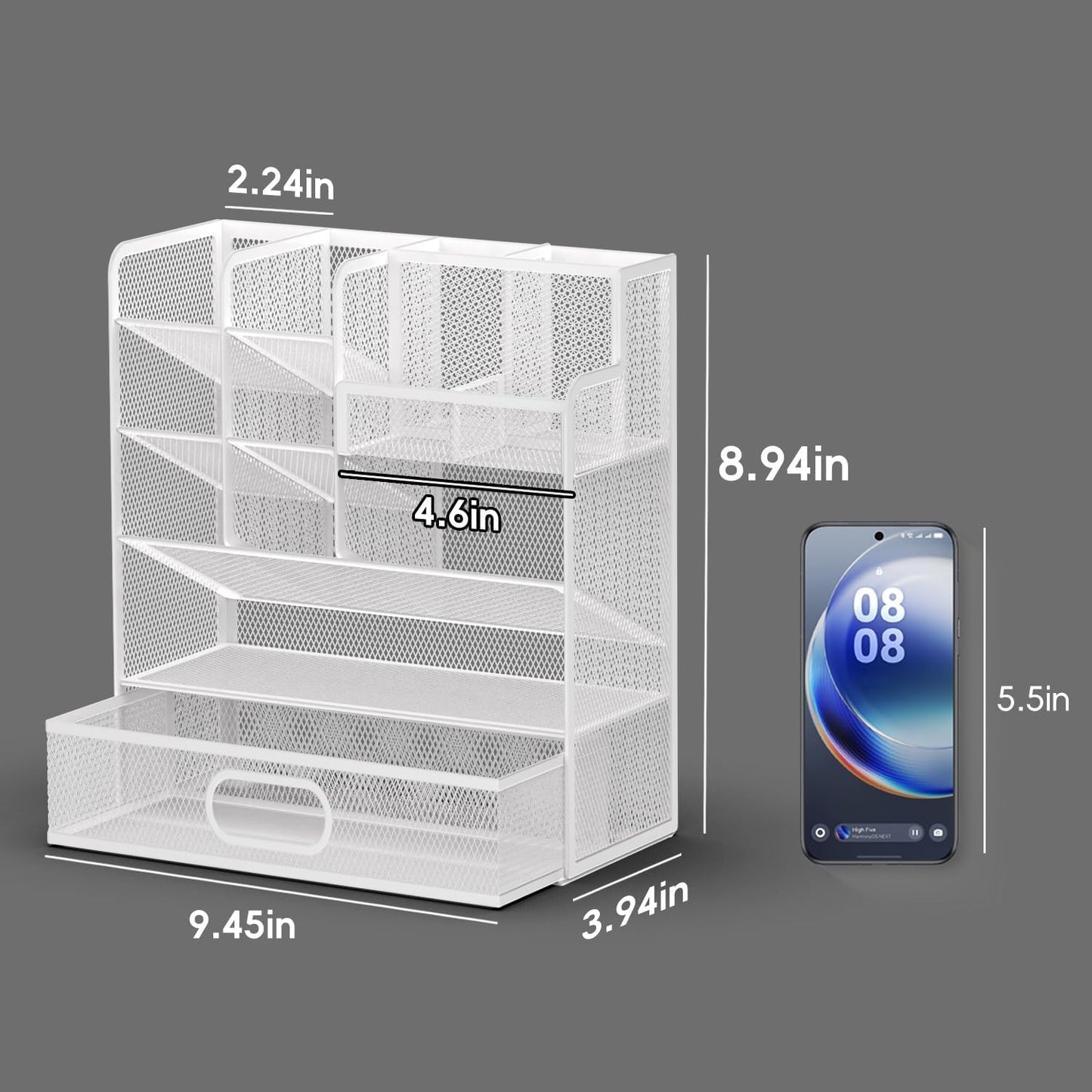 Mesh Pen Organizer for Desk, Multi-Functional Pencil Holder with Drawer Desk Organizers, Large Capacity Storage for School Office Home Supplies (White)