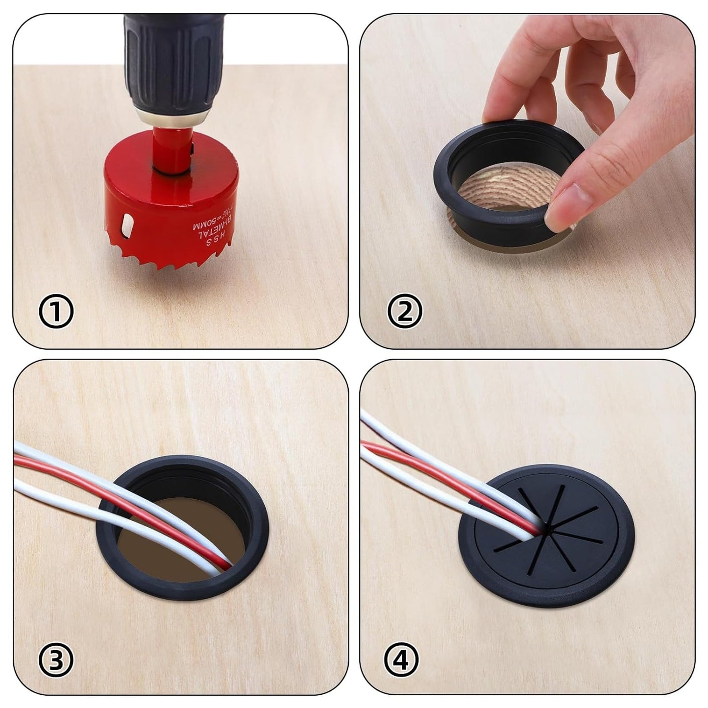 20 Pack Desk Grommet with Hole Saw, 2 Inch Desk Cable Hole Cover with Built-in Hole Saw, Wire Cord Cable Grommet for Home Office, Black